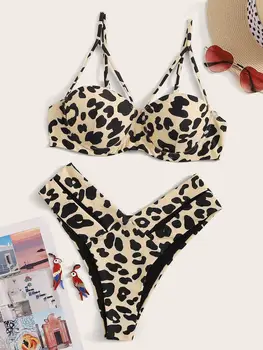 Леопардовый комплект бикини с ефект повдигащ на финия раменна рамо, на женски бански костюм от две части, бикини, летен плажен бански