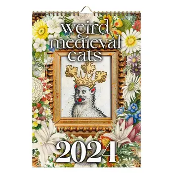 Календар Странно котка в 2024 година, Месечната стенен календар със средновековни изображения на Котки, домашни стенен художествени плакати за учебната спални