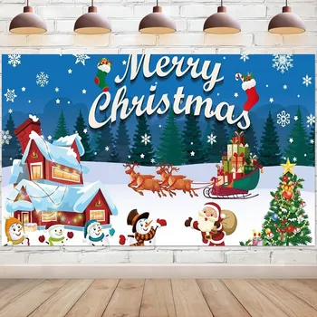 Весел Коледен фон за снимки, банери, син на зимния фон с Дядо Коледа и снеговиком, декорация за празничната партита, студиен подпори