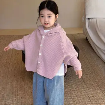 Корейски вариант 2023 г., монофонични случайни вязаный жилетка за момичета, детски пуловер-наметало за малки и средни деца, пуловер-наметало