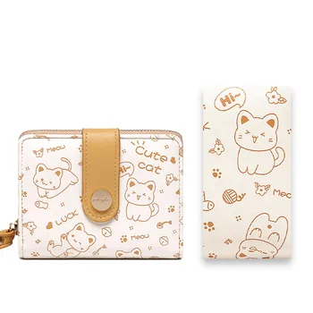 Къса дамска чанта в японски стил с котка, държач за карти от изкуствена кожа, дамски портфейл, за партита, церемонии, срещи