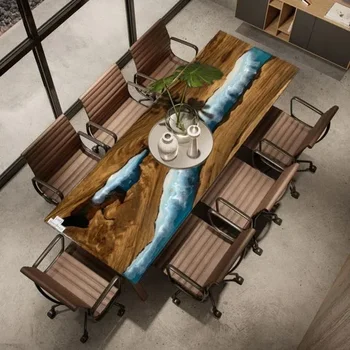 Най-новият маса за срещи от масивно дърво в Океанското стил 2021 г., Луксозен Домашен Офис Маса от епоксидна смола