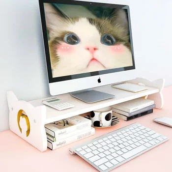 Настолен органайзер с приятен котка, рафт за монитора на компютъра в общежитието, Проста и многопластова, полици за съхранение на канцеларски материали