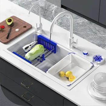 Кухненска мивка Nano цвят на слонова кост, бял с голям резервоар с едно, мивка за измиване на зеленчуци от неръждаема стомана, телескопичен кран за миене на чаши