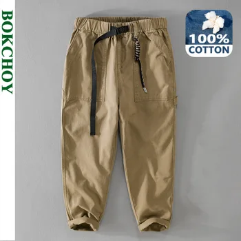 Есенни нови свободни панталони-карго от 100% памук, мъжки дрехи, ежедневни градинска облекло, панталони за бягане, мъжки панталони с колан F7617