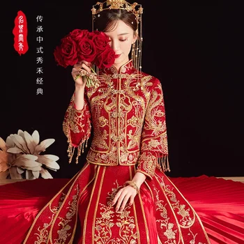 Бродерия Дракон, Феникс Костюм Шаферка Облекло за наздравици Елегантна Сватбена рокля, Ретро Традиционен китайски женски Сватбен комплект