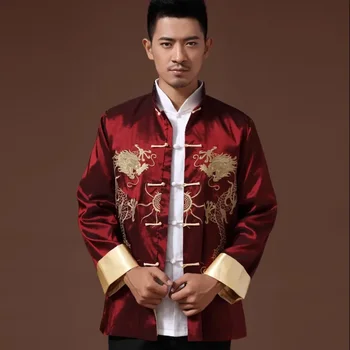 Традиционната китайска дрехи с принтом финикс, костюм на дракона Тан, мъжки празнична сватбена яке с бродерия с дълъг ръкав