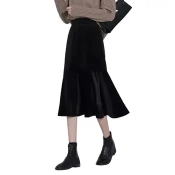 Нови модни дамски Дълги кадифени поли с висока талия, големи размери, Къдри, Черна и лилава на офис велур пола OL, модни поли-русалки