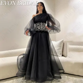 Стилни Черни рокли за бала EVON BRIDAL Трапецовидна форма, Класическа Вечерна рокля От Тюл С Пищни Ръкави с Едно рамо, расшитое пайети, 2024