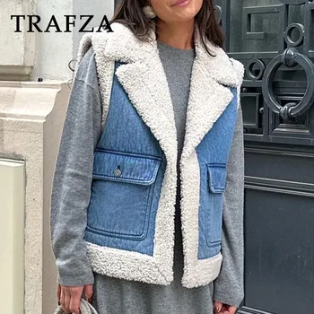 TRAFZA 2023, есенно-зимния женски случайни жилетка без ръкави от вълна от овце, модни градинска облекло, елегантни демисезонная яке за жени