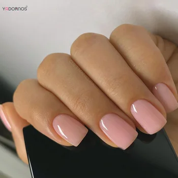 Светло розови нокти се Поставят на къси квадратни режийни нокти, подходящи за носене, за жени и момичета, прости режийни ноктите са с телесен цвят, подвижни 24шт.