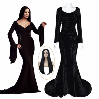 Disfraz de Cosplay de Morticia para mujer, peluca negra Секси ajustada, vestido de noche de fiesta para Хелоуин y Cos Carnaval
