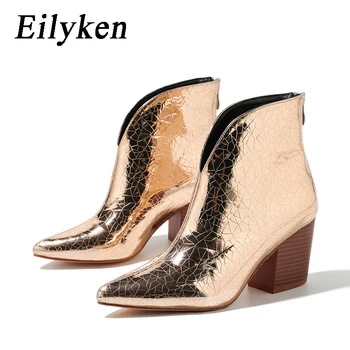 Eilyken / Есен-зима ботильоны с каменен модел Дамски ботуши с цип с остри пръсти нисък квадратен ток, обувки Челси Mujer