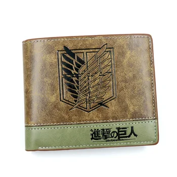 Кратък портфейл от изкуствена кожа цвят каки Shingeki No Kyojin, мъжки двукрилен чантата с един слот за снимки и джоб за монети