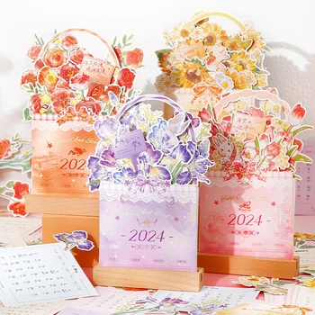 2024 Календар на дървена основа с карти, кошница с цветя, настолен календар с бронзированием, креативни бижута за работния плот със собствените си ръце, Канцеларски в подарък