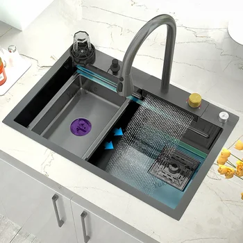 Кухненска мивка от неръждаема стомана, голяма однощелевой многофункционален Мивка с водопадным кран, Ниска цена