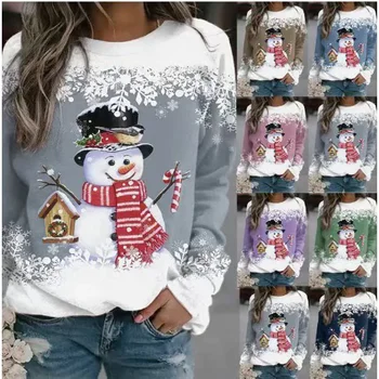 2023 Женски Коледен случайни свободен пуловер с дълги ръкави и принтом снежен за жени