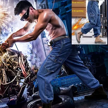 Работни панталони за мъже за автомобилни резервни части Панталони за противоискровой заваряване Деним защитно облекло Заварчик Работен Пожароустойчива облекло