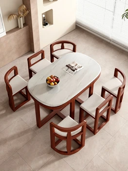 Комбинация от масата за хранене и столове от масивно дърво, лесна модерна мраморна маса, спестяване на пространство в дома, маса за хранене за 6 човека