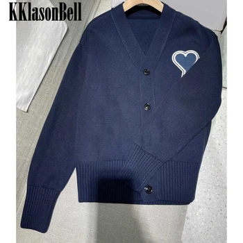 12.11 KKlasonBell Ежедневни бродерия във формата на сърце с V-образно деколте, однобортный вязаный жилетка, пуловер За жени
