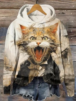Дамски hoody с качулка и принтом смешно котка, есента свободен модерен случайни пуловер с кръгло деколте, аниме Харадзюку, Плюс Размера на дамско облекло