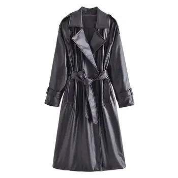 Дамски модни 2023 г., тренч от изкуствена кожа с колан, Реколта джобове с дълъг ръкав, Дамски връхни облекла, Луксозно палто