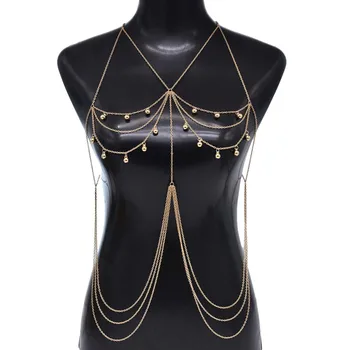 Нова златна многопластова нагрудная верига за тялото Ldealway Store, женски накити за тяло с пискюли под формата на колокольчика