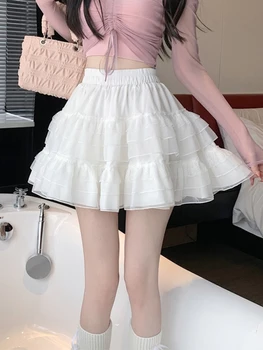 Бяла лейси окото мини-пола, Дамски Корея, скъпа елегантна къса пола с висока талия Дамски летни модни и ежедневни пола трапецовидна форма дамски