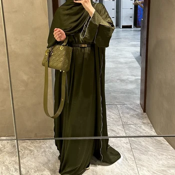 Блестящ комплект Абая от 2 теми, мюсюлмански жени, Дубай, Турция, Ислямска облекло, рокля с къси ръкави + кимоно, подходящи тоалети, скромен Рамадан