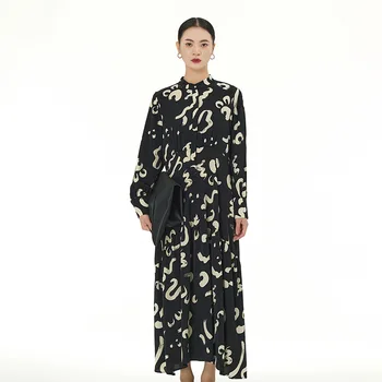 Суперское рокля за торта контрастен цвят в китайски стил 2024, Пролетта Ново Дамско Свободно Дълга рокля-риза голям размер