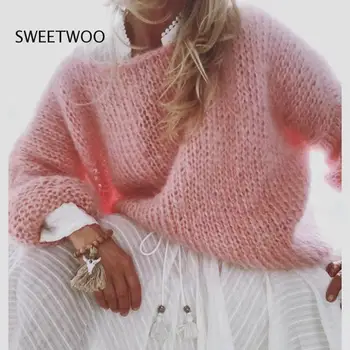 Жена пуловер с дълъг ръкав-фенерче, пухкав мохер, свободен скок голяма плетени, върхове