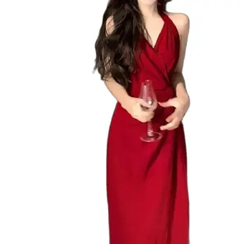 Модерен френски романтична рокля с деколте, червено за жени, летен сезон 2024, нова рокля със средна дължина, с V-образно деколте и завязкой на талията