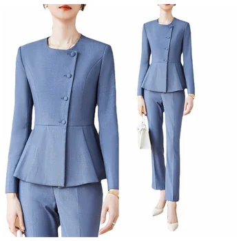Пролетно-есенен официален женски сако, дамски бизнес костюми, с тялото, работно облекло, офис униформи, комплект панталон и яке голям размер от 2 теми