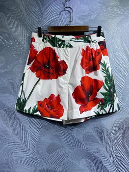 Летни модни шорти с червени цветя принтом от 100% памук, женски гащички, къси панталони за момичета за почивка на плажа
