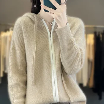 Свободен и удобен жилетка от 100% вълна, дамски пуловер с качулка, вязаное палто с високо качество, с дълъг ръкав, женски вълнен жилетка