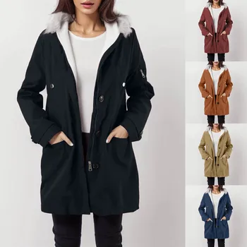 Дамско зимно яке, зимно палто, Ветрозащитный Топъл външен джоб с цип, яка, дълги кожени палта за жени