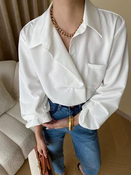 Дамска бяла Блуза с голям размер на една пуговице, Нова Риза свободно cut с ревери и дълъг ръкав, Модерен Прилив на Пролет-есен O583