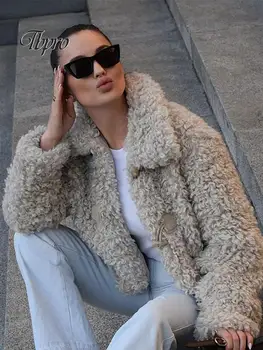 2023 Есенно-зимно модно палто от вълна от овце, дамски къс яке с дебела топла козина, имитирующим кроличью вълна, офис женски палта с ревери