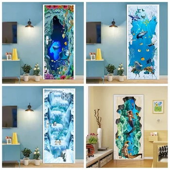Забавни мультяшные тапети Sea World Door, Свалящ 3D стикер с изображение на акули и Пингвин, модерна аниме-стикер на вратата за естетически интериор момче