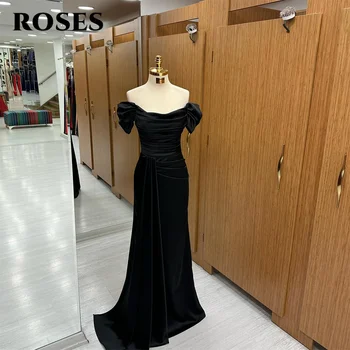 РОЗИ Черна тръба Шик дамски официални рокли Гънка на роклята с открити рамене Бална рокля Петна нощни рокли, вечерни халати