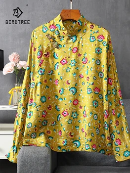 Birdtree 100% Естествена коприна, свободна риза в китайски стил в стил Ретро, Дамски пуловер с принтом, елегантен топ от пузырчатого сатен, пролетно новост 2024 T3D993QC