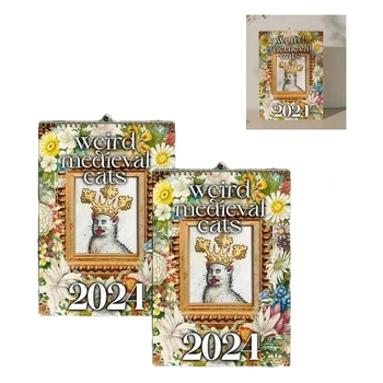 Календар със странни средновековни котки в 2024 година, календар, който може да се окачи в офиса, Подарък хартия с покритие за дома