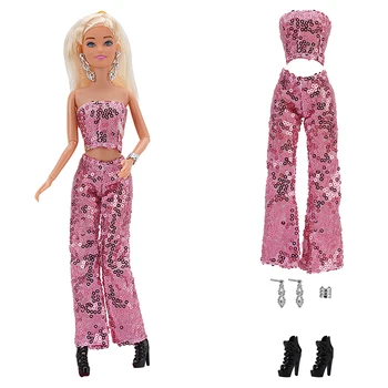NK 1 комплект 1/6 розово театрален костюм на принцеса, вечерни обувки в изчистен стил, Обеци, гривни за Барби кукли, аксесоари, подарък играчка