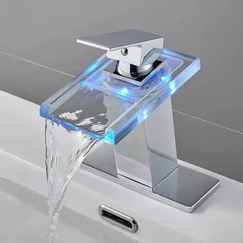 Смесител за баня, стъклени смесител за мивка, кран с led осветление, което променя цвета си, водна енергия, Черен смесител за басейн с водопад, Неръждаема стомана