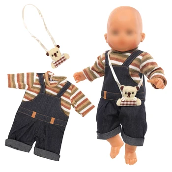 BARWA 2023 Новата кукла-бебе кафяви вълнени дънкови тиранти + раница с кафяв мечок е Подходящ за 17-инчов дрехи Reborn Baby Doll