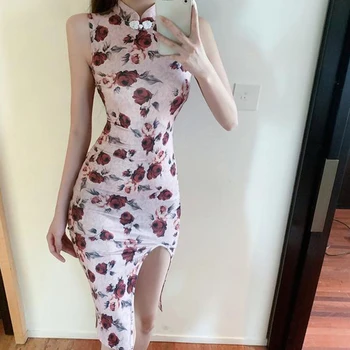 Лятото сексуалното фините женски винтажное рокля Рокля с цветен модел, тънки китайски традиционни рокли Ципао без ръкави