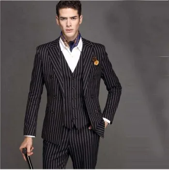 (Яке + Панталон + елек + Вратовръзка + Носни кърпички) Двубортное палто на ивици, модерен блейзър Custome Homme, силует на ревера, Две копчета, Terno Slim