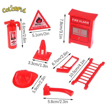 1 комплект миниатюрни противопожарни принадлежности за куклена къща 1:12, Пожарогасител, каска за пожарна гидранта, модел стълби, чук, играчка за декор на сцената