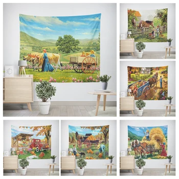 Декорация на дома, Цветни пейзажи с животни декор стенен гоблен козметична спалня естетически стенно изкуство голям текстилен стенен гоблен